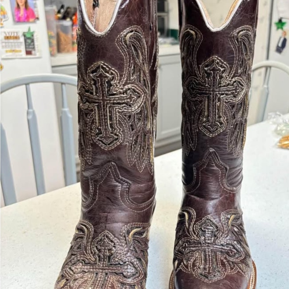 Brown Embroidered Heeled Boots